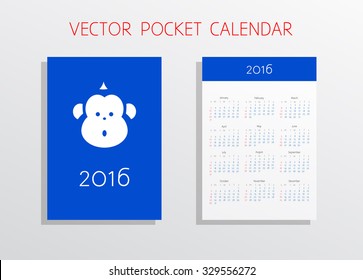 Vector pocket calendar 2016. Design iIllustration monkey with shadow