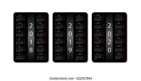 Vector pocket calendar set. 2018, 2019 and 2020 years. Black design template.