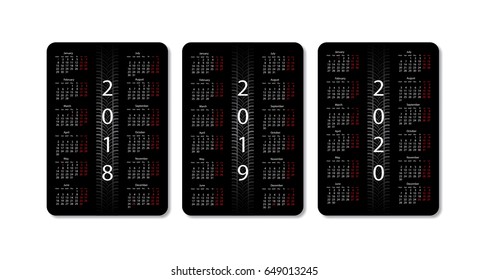 Vector pocket calendar set. 2018, 2019 and 2020 years. Black design template. 