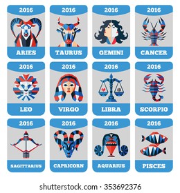 Vector pocket calendar template with flat zodiac signs, horoscope, astrology. Aquarius, Virgo, Scorpio, Taurus, Pisces, Sagittarius, Leo, Libra, Aries, Capricorn, Gemini, Cancer 