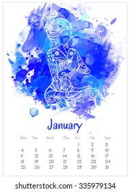 Vector pocket color calendar 2016. Ornament beautiful card with yoga poses. Calendar made in vector. Colorful hand drawn design for any other kind of design, birthday and other holiday, yoga, india