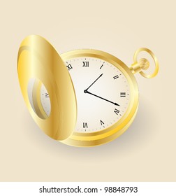 Vector pocket gold watch highly detailed. Illustration of old opened vintage pocket clock