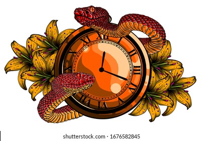 Vector Pocket Watch And Flower Traditional Tattoo