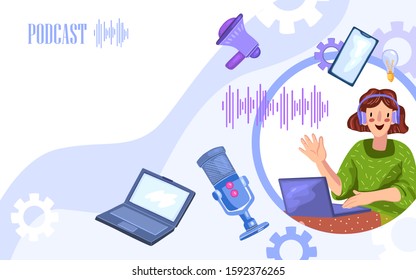 Vector podcast banner with smiling cute girl, smartphone, laptop, microphone and megaphone. Radio and webinar concept in cartoon style. Stock illustration for web pages.