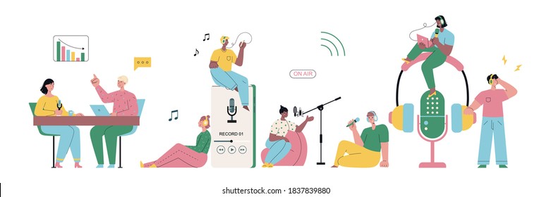 Vector podcast concept banner with people recording and listening to audio podcasts. Flat style