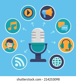 Vector podcast concept in flat style - microphone and audio icons and signs