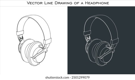 Vector podcast headphone blueprint technical drawing