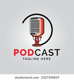 Vector podcast logo design in black and red.