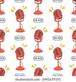 Vector podcast seamless pattern. Podcast recording and listening, broadcasting, radio. Red microphone on white background. On air pattern. Wrapping design.