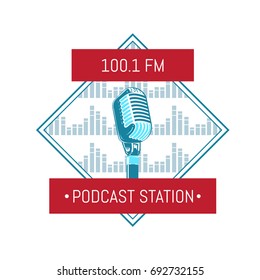 Vector podcast station logo with microphone on sound waves background