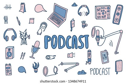 Vector podcasts elements and lettering in doodle syle. Text and podcasts symbols set isolated on white background. 