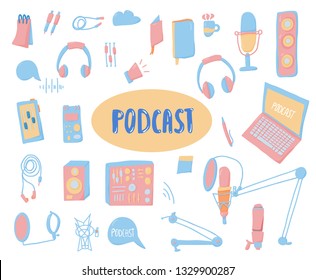 Vector podcasts elements and lettering. Text and podcasts symbols set isolated on white background. 