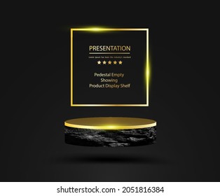 Vector podium black stone and golden platforms for showcase product presentation display design, platforms cosmetic and fashion ideas concept