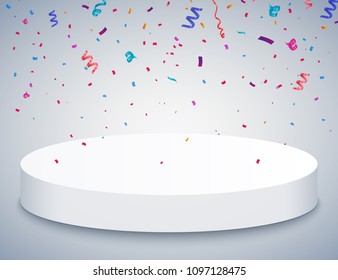 Vector podium with confetti. Vector illustration.