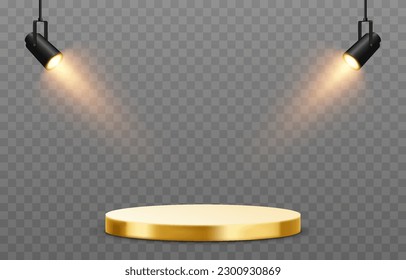 Vector podium illuminated by spotlights. Podium png, spotlights png. Light sources, spotlights illuminate the pedestal, the stage. Light effect.