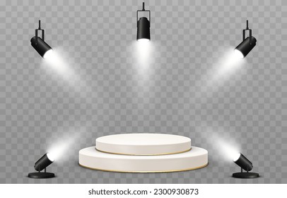 Vector podium illuminated by spotlights. Podium png, spotlights png. Light sources, spotlights illuminate the pedestal, the stage. Light effect.