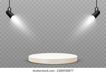 Vector podium illuminated by spotlights. Podium png, spotlights png. Light sources, spotlights illuminate the pedestal, the stage. Light effect.