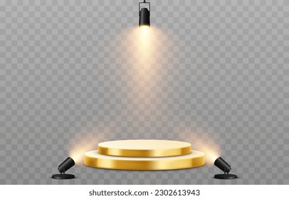 Vector podium illuminated by spotlights. Podium png, spotlights png. Light sources, spotlights illuminate the pedestal, the stage. Light effect.