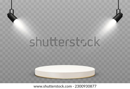 Vector podium illuminated by spotlights. Podium png, spotlights png. Light sources, spotlights illuminate the pedestal, the stage. Light effect.