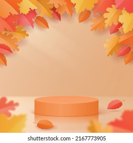 Vector podium, pedestal with colorful autumn paper art background, product showcase for fall season with maple, oak, aspen leaves frame.