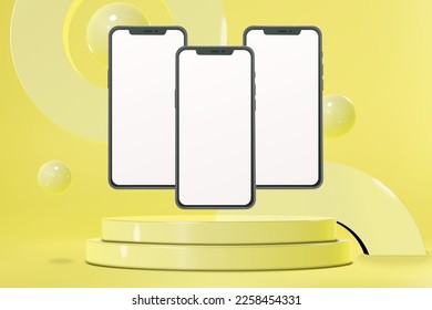 Escena de presentación de vectores podium con simulaciones de smartphones presentación brillante