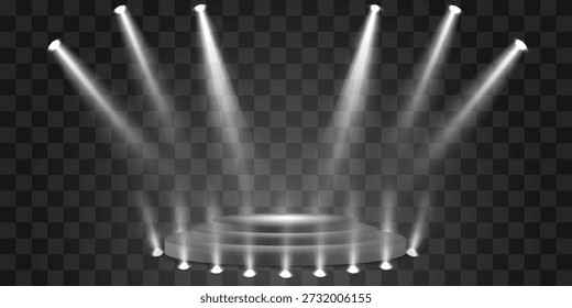 Vektorpodium mit Scheinwerfern png. Szene Scheinwerferstrahlen, Studiobeleuchtung. Leere Bühne oder Sockel. Podium für Preisverleihung, Produktpräsentation. Helle Beleuchtung mit Scheinwerfern.