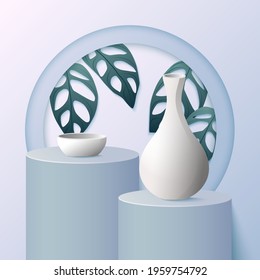 Vector of podium stage with tropical leaves, for product display 