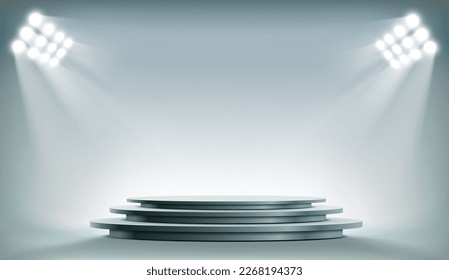 Vector podium with steps illuminated by spotlights. Template for presentation