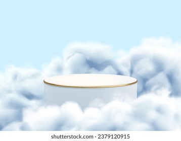 Vector podium in white clouds. Realistic golden platform in blue sky. Abstract mockup for product presentation