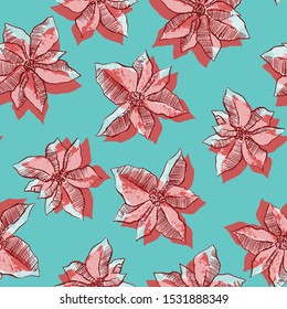 Vector poinsettia flowers seamless pattern. Pencil drawing of red Christmas flowers on green background. Trendy festive design.