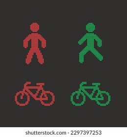 Vector point traffic light signs icons. Stop pedestrian and go, stop bicycle and go red and green diode dots. Round pixels isolated EPS 10