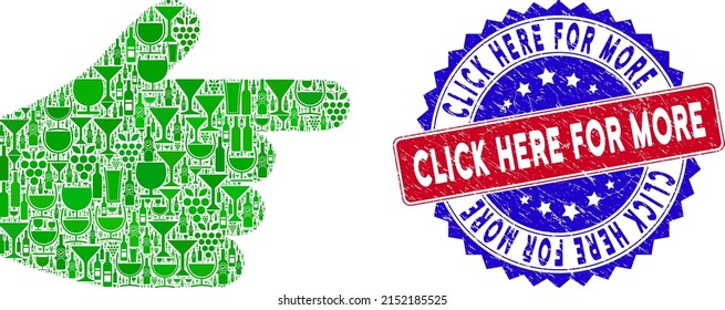 Vector pointer finger icon wine mosaic and grunge bicolor Click Here for More seal stamp. Red and blue bicolored badge with grunge style and Click Here for More caption.