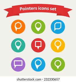 Vector pointer  white icons set  various forms  on a color circle in flat style