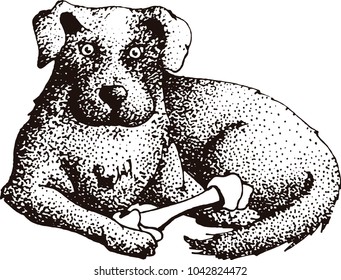 Vector pointillist black and white hand made illustration of a cute dog lying down  with a bone between it's paws.