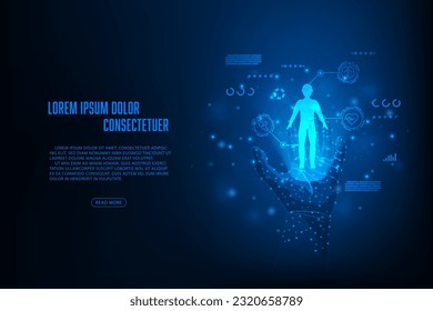 Vector apuntando mano alambre con fondo abstracto de tecnología futurista holograma humano.