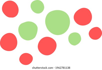 Vector points. Red and green spots. Rounded geometric shapes of different sizes. Modern design assets for creating social media posts, stories. Hand-drawn abstract clip art of  speck. Isolated doodle 