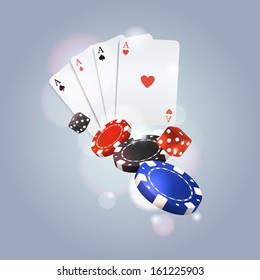 Vector poker background with playing cards, chips and dices