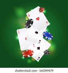 Vector poker background with playing cards, chips and dices