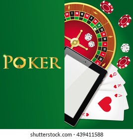 Vector poker background with playing cards, chips on a green background.