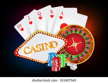 Vector poker background with playing cards,chips and  roulette wheel.
