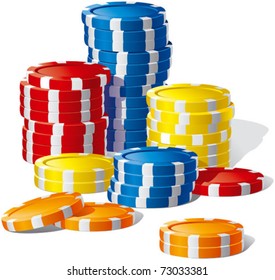 Vector  Poker Chips	Many stacks of Casino Chips  isolated on white background. 
