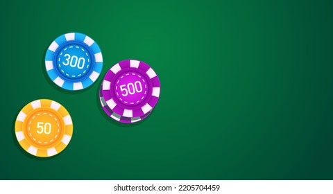 Vector Poker Chips On Green Casino Table, Top View. Gambling Round Dice, Realistic Illustration. Win Big Money In Poker. Roulette Leisure Template. Risky Gaming Pack Flat Lay. Gamble Gaming Background