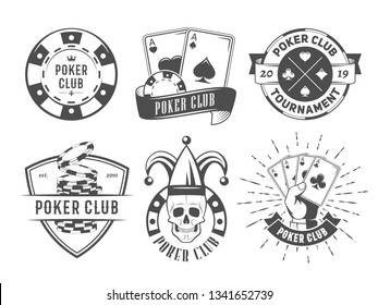 Vector poker club logos. Set of vintage badges with playing cards and chips for poker tournament or casino.