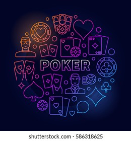 Vector poker colorful illustration. Circular gambling symbol made with icons of playing cards, chips and players on dark blue background