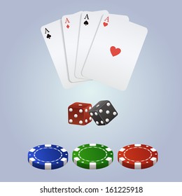 Vector poker set with playing cards, dices and chips