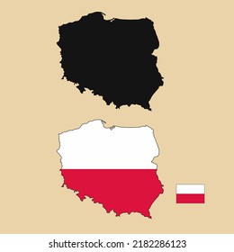 Vector of Poland country outline map with flag set isolated on plain background. Silhouette of country map can be used for template, report, and infographic.