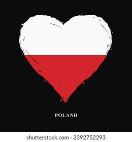 Vector Poland flag in heart shape with grunge texture. Heart shaped Polish flag isolated on black background. Beautiful design country flag for banner, poster, sticker, print. Vector illustration