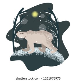 Vector polar bear cute flat illustration on the winter background for postcards and winter greeting