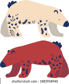 Vector polar bear with ethnic motives red and blue colors