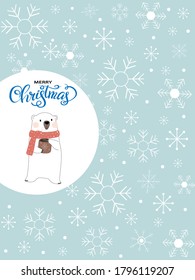 Vector of a polar bear holding hot coffee with snowflakes on blue background, Cute Christmas greeting card 